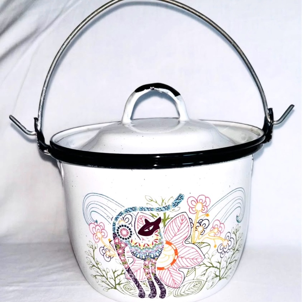 Vintage Enamel Pot Cinsa Mexico Mid Century Modern Cat Enamelware Flower Power